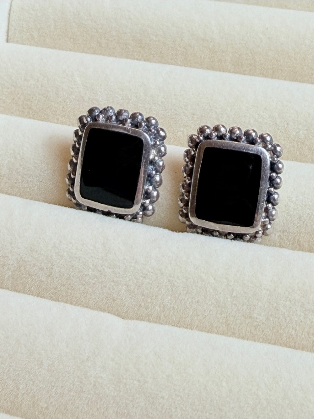 Vintage Sterling Silver Black Onyx Square Stud Earrings